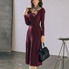 Scoop Neck Long-sleeve Midi Knit Dress Wine Red - One Size