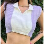 Two-tone Sleeveless Collared Crop Knit Top Purple - One Size