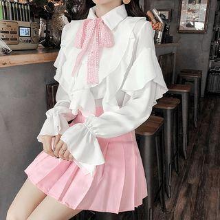 Set: Ruffle Trim Blouse + Pleated Skirt