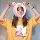 Elbow-sleeve Pig Printed T-shirt Yellow - One Size