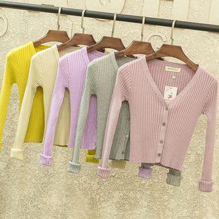 V-neck Plain Ribbed Basic Cardigan