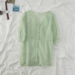 Short-sleeve Beaded V-neck Chiffon Top Mint Green - One Size