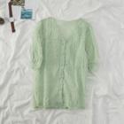 Short-sleeve Beaded V-neck Chiffon Top Mint Green - One Size