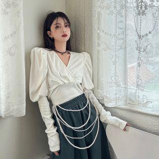 Puff-sleeve V-neck Slim-fit Blouse