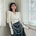 Puff-sleeve V-neck Slim-fit Blouse