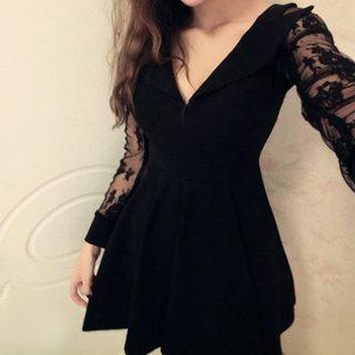 Long-sleeve Lace Panel Mini A-line Dress