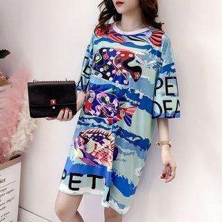 Fish Print Elbow Sleeve T-shirt Dress