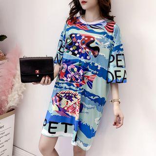 Fish Print Elbow Sleeve T-shirt Dress