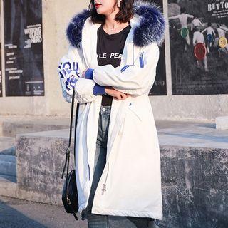 Lettering Furry-trim Hooded Padded Buttoned Coat