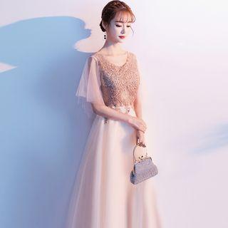Flared-sleeve Embroidered A-line Evening Gown