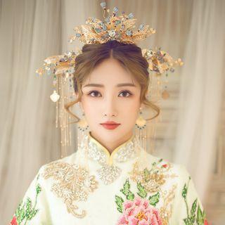 Set: Wedding Branches Tiara + Hair Stick + Fringed Earring Set - Gold & Blue - One Size