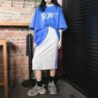 Set: Lettering Short-sleeve T-shirt + Contrast Trim Midi Skirt