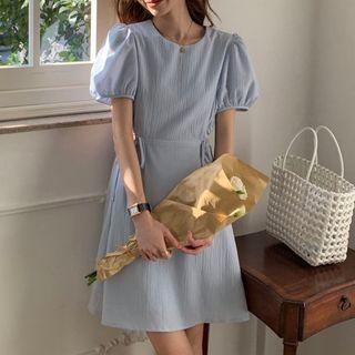 Puff Sleeve Crewneck Cut Out Dress
