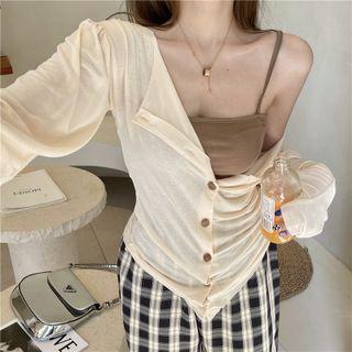 Long-sleeve Button-up Top / Plaid Wide Leg Pants