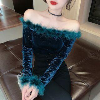 Furry Trim Off-shoulder Long-sleeve Velvet Top