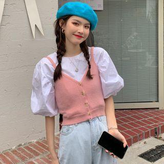Puff-sleeve Top / Button-up Knit Camisole Top