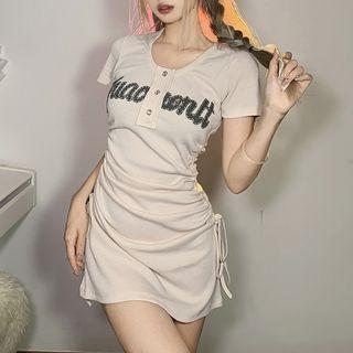 Short Sleeve Lettering Side-drawstring Mini Dress