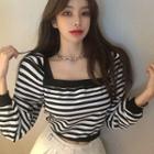 Long-sleeve Square-neck Striped Crop Top Stripe - Black & White - One Size