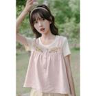 Set: Short-sleeve T-shirt + Floral Embroidered Gingham Camisole Top Almond - One Size