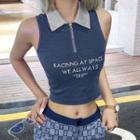 Sleeveless Collared Lettering Embroidered Zip Crop Top