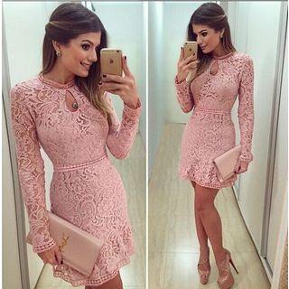 Long-sleeved Crewneck A-line Cutout Lace Dress