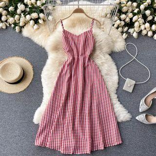 Open-back Lace-up Strap Plaid Spaghetti-strap Dress