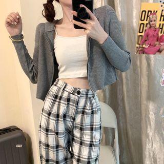 Plaid Wide-leg Pants / Knit Zip Hoodie