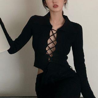 Lace Up Collared Sweater Black - One Size