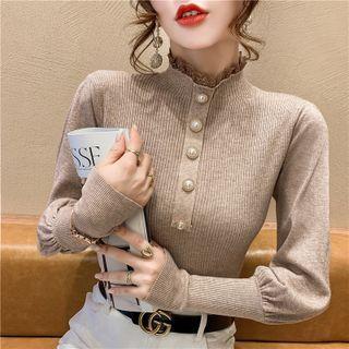 Mock-neck Lace Trim Embellished Knit Top