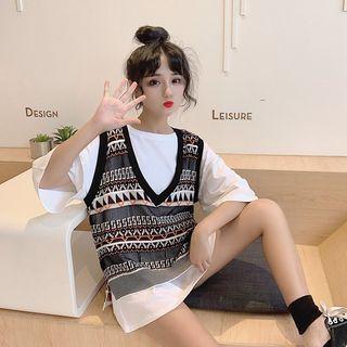 Patterned Knit Vest / Plain Elbow-sleeve T-shirt