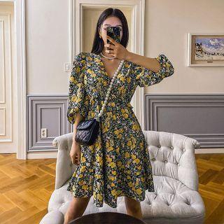 Balloon-sleeve Frilled Floral Dress