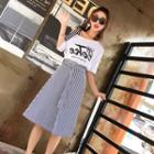Set: Lettering Cut Out Shoulder Elbow Sleeve T-shirt + Striped Midi Skirt