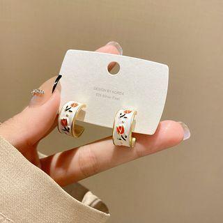 Flower Glaze Alloy Hoop Earring E4908 - 1 Pair - Gold & White & Orange - One Size