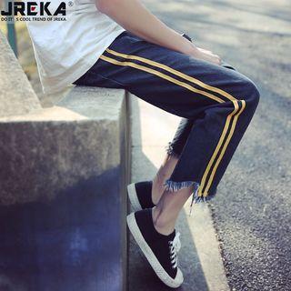 Striped Straight-cut Cropped Jeans