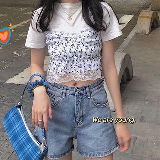 Plain Short-sleeve T-shirt / Floral Cropped Camisole Top / High-waist Denim Shorts