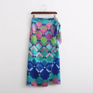 Tie-waist Geometric Print Wrap Skirt Print - Purple & Blue & Green - One Size