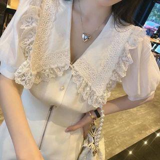 Peter Pan-collar Lace Panel Short-sleeve Plain Blouse