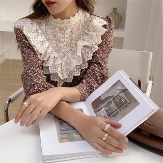 Stand-collar Lace-trim Floral Print Dress