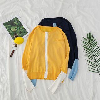 Color Block Round Neck Knit Cardigan