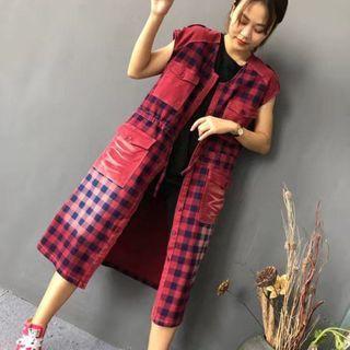Sleeveless Plaid Midi Dress Gingham - Red & Blue - One Size