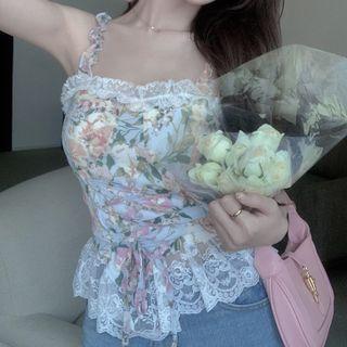 Lace Panel Floral Camisole Top White - One Size