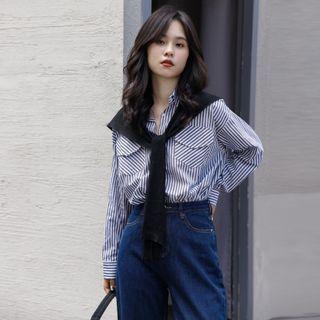 Set: Striped Shirt + Scarf Shirt - Stripes - Blue & White - One Size / Scarf - Black - One Size