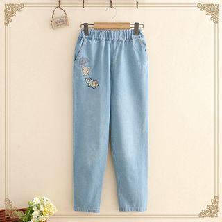 Pig Embroidered Straight Cut Jeans