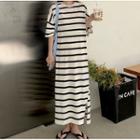 Short-sleeve Striped Midi Dress Stripes - Black & White - One Size