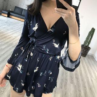 Crane Print Long Sleeve Playsuit