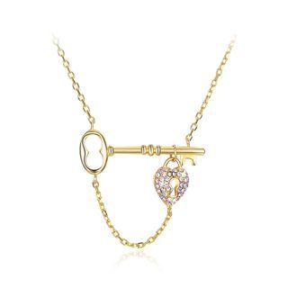 925 Sterling Silver Gold Plated Elegant Fashion Heart Lock And Key Necklace With Austrian Element Crystal Golden - One Size