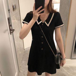 Short-sleeve Contrast Trim Plain Dress