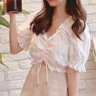 Short-sleeve V-neck Blouse / A-line Skirt