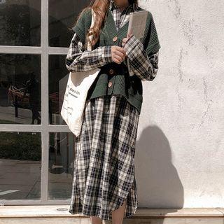 Long-sleeve Plaid Midi Shirtdress / Button Knit Vest