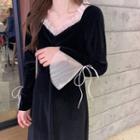 Long-sleeve Lace Trim A-line Midi Dress Black - One Size